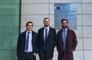 The three co-founders of Kaffe Bueno (Franco far right) in 2019 during their first pitch to the European Commission [Photo: Kaffe Bueno]