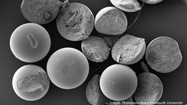 This image captured by an electron microscope shows polyethylene microbeads widely used in shower gel.