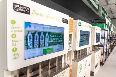 Unilever will continue to upscale its 'refill on the go' trials where consumers can fill up stainless-steel bottles at refill stations but it will also trial in-aisle prefilled bottles to see if uptake is better [Image: Unilever]