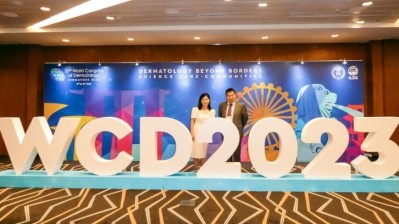 Binwei Deng, PhD, and Hao Ouyang, PhD, at the World Congress of Dermatology 2023 in Singapore, where they presented new research for the Estée Lauder Companies. © Estée Lauder Companies